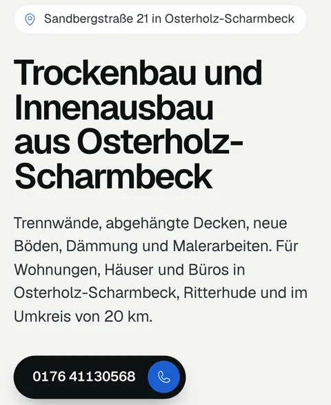 Website von Trockenbau Maschmeier am Handy: Sandbergstraße 21 in Osterholz-Scharmbeck, „Trockenbau und Innenausbau aus Osterholz-Scharmbeck“, Leistungen und Knopf mit der Telefonnummer
